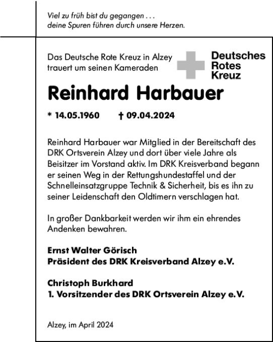 Traueranzeige von Reinhard Harbauer von Allgemeine Zeitung Alzey