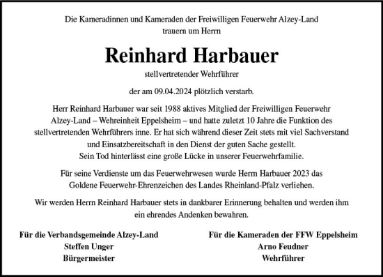 Traueranzeige von Reinhard Harbauer von Allgemeine Zeitung Alzey