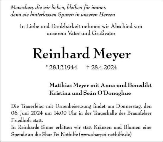 Traueranzeige von Reinhard Meyer von Weilburger Tageblatt