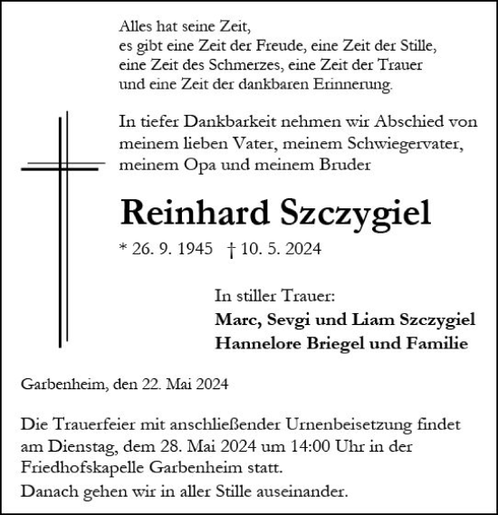 Traueranzeige von Reinhard Szczygiel von Wetzlarer Neue Zeitung