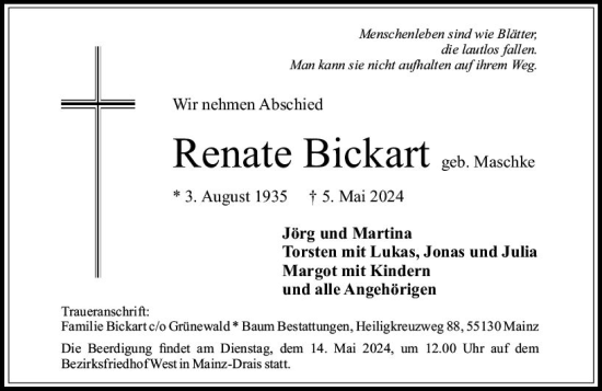 Traueranzeige von Renate Biekart von Allgemeine Zeitung Mainz