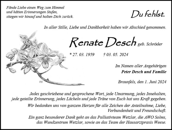 Traueranzeige von Renate Desch von Wetzlarer Neue Zeitung