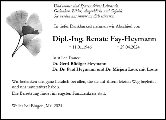 Traueranzeige von Renate Fay-Heymann von Allgemeine Zeitung Bingen/Ingelheim