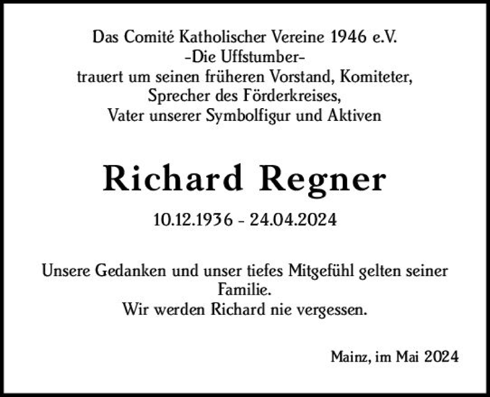  Traueranzeige für Richard Regner vom 04.05.2024 aus Allgemeine Zeitung Mainz