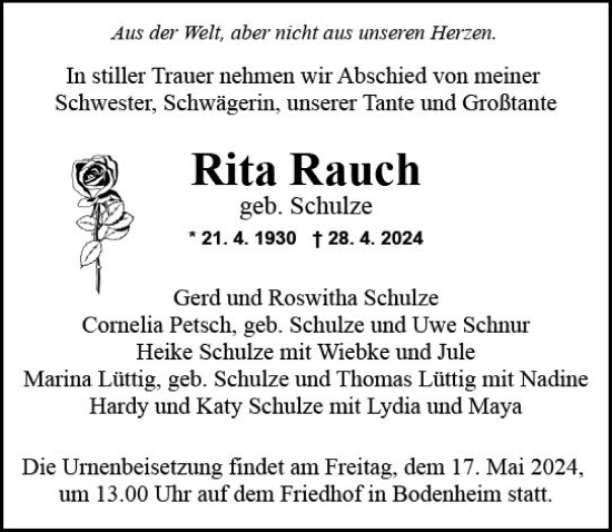 Traueranzeige von Rita Rauch von Allgemeine Zeitung Mainz