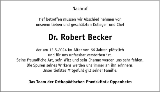 Traueranzeige von Robert Becker von Allgemeine Zeitung Mainz