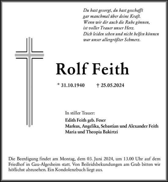 Traueranzeige von Rolf Feith von Allgemeine Zeitung Bingen/Ingelheim