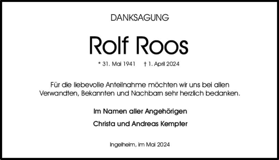 Traueranzeige von Rolf Roos von Allgemeine Zeitung Bingen/Ingelheim