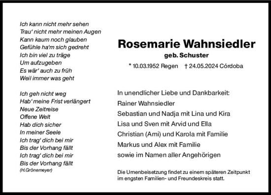 Traueranzeige von Rosemarie Wahnsiedler von Allgemeine Zeitung Mainz