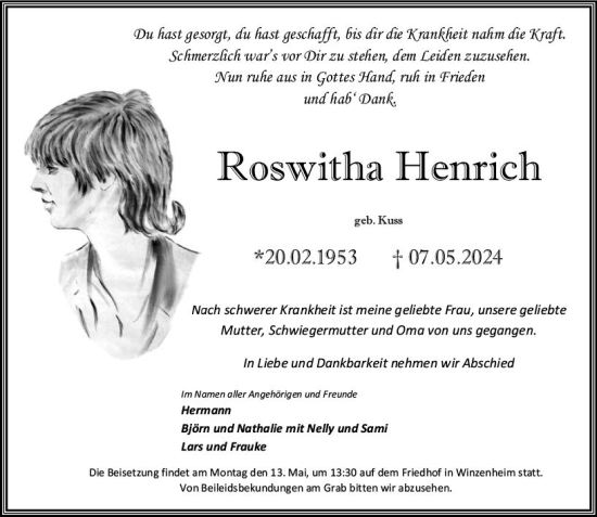 Traueranzeige von Roswitha Henrich von Allgemeine Zeitung Bad Kreuznach