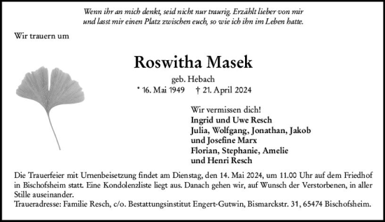 Traueranzeige von Roswitha Masek von Rüsselsheimer Echo