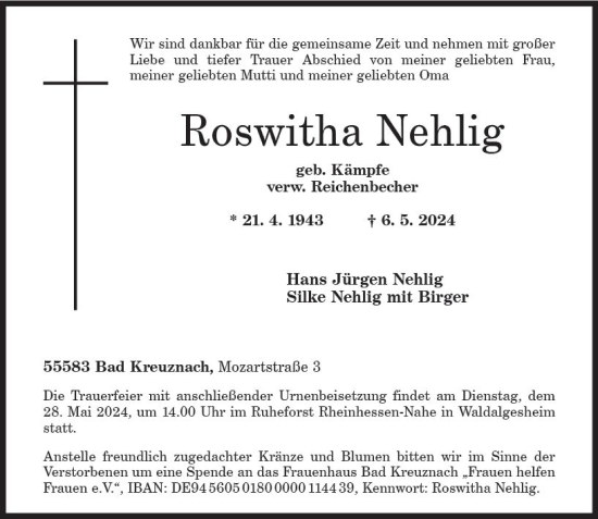 Traueranzeige von Roswitha Nehlig von Allgemeine Zeitung Bad Kreuznach