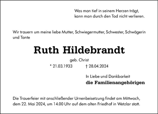 Traueranzeige von Ruth Hildebrandt von Wetzlarer Neue Zeitung