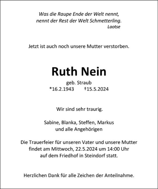 Traueranzeige von Ruth Nein von Wetzlarer Neue Zeitung