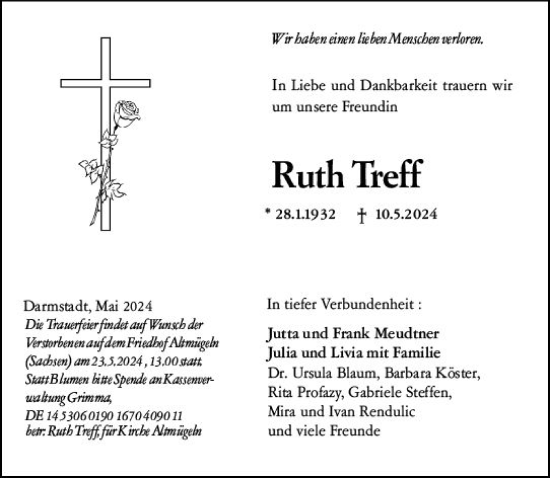 Traueranzeige von Ruth Treff von Darmstädter Echo