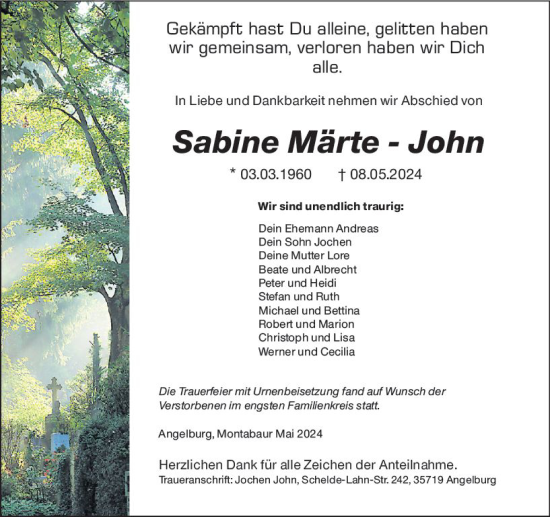 Traueranzeige von Sabine Märte-John von Hinterländer Anzeiger