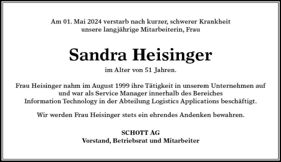 Traueranzeige von Sandra Heisinger von Allgemeine Zeitung Mainz