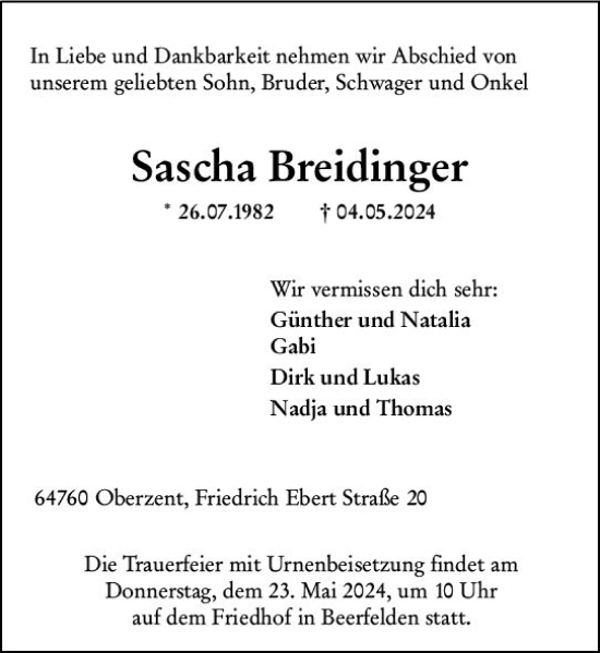 Traueranzeige von Sascha Breidinger von Odenwälder Echo
