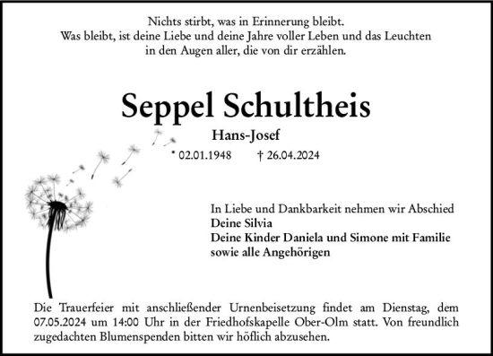 Traueranzeige von Seppel Schultheis von Allgemeine Zeitung Mainz