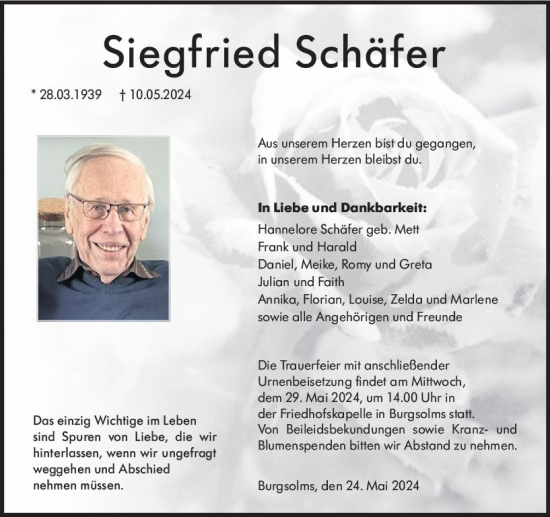 Traueranzeige von Siegfried Schäfer von Wetzlarer Neue Zeitung