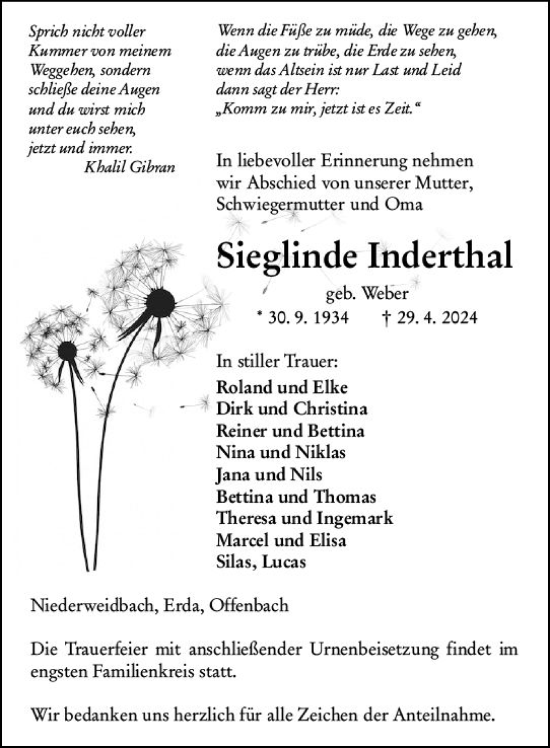 Traueranzeige von Sieglinde Inderthal von Wetzlarer Neue Zeitung