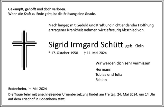 Traueranzeige von Sigrid Irmgard Schütt von Allgemeine Zeitung Mainz
