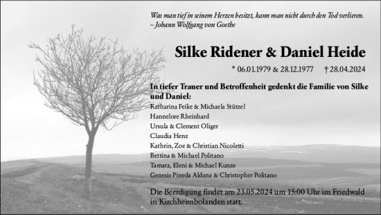 Traueranzeige von Silke Ridener von Allgemeine Zeitung Mainz