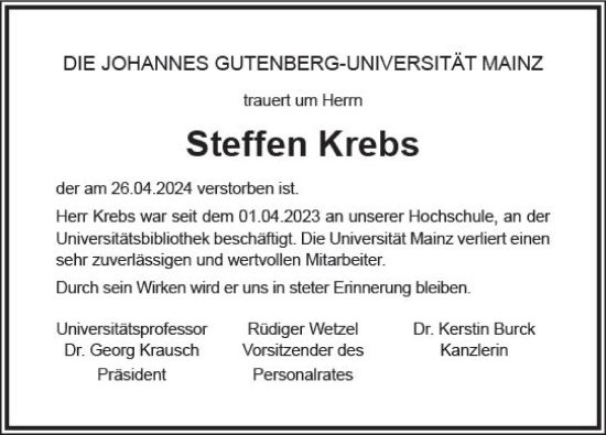 Traueranzeige von Steffen Krebs von Allgemeine Zeitung Mainz