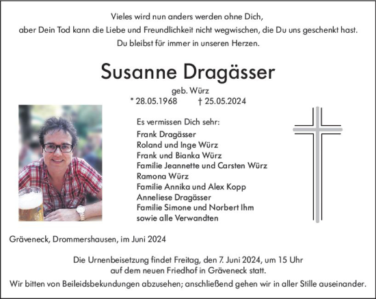 Traueranzeige von Susanne Dragässer von Weilburger Tageblatt