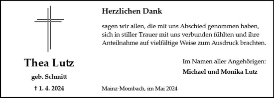 Traueranzeige von Thea Lutz von Allgemeine Zeitung Mainz
