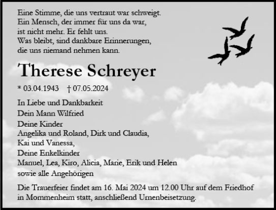 Traueranzeige von Therese Schreyer von Allgemeine Zeitung Mainz