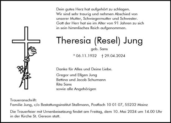 Traueranzeige von Theresia Jung von Allgemeine Zeitung Mainz