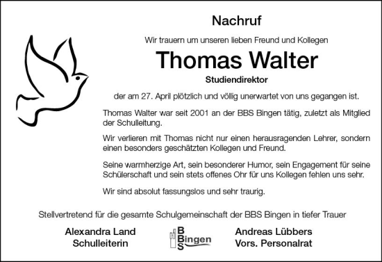 Traueranzeige von Thomas Walter von Allgemeine Zeitung Bingen/Ingelheim