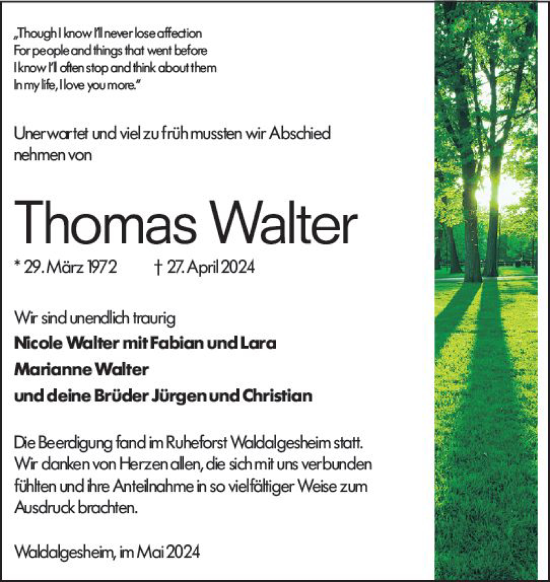 Traueranzeige von Thomas Walter von Allgemeine Zeitung Bingen/Ingelheim