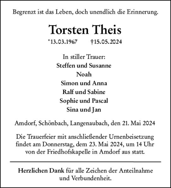 Traueranzeige von Torsten Theis von Dill Block