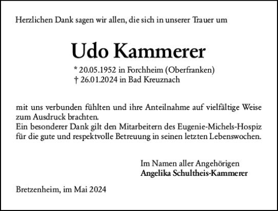 Traueranzeige von Udo Kammerer von Allgemeine Zeitung Bad Kreuznach