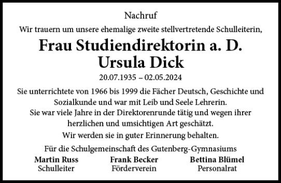 Traueranzeige von Ursula Dick von Allgemeine Zeitung Mainz