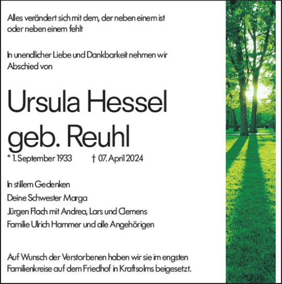 Traueranzeige von Ursula Hessel von Wetzlarer Neue Zeitung