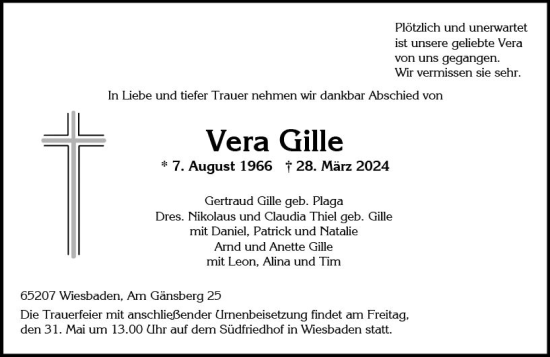 Traueranzeige von Vera Gille von Wiesbadener Kurier