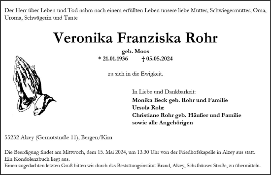 Traueranzeige von Veronika Franziska Rohr von Allgemeine Zeitung Alzey
