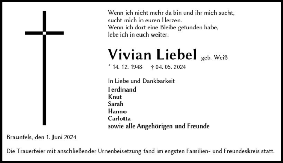 Traueranzeige von Vivian Liebel von Wetzlarer Neue Zeitung