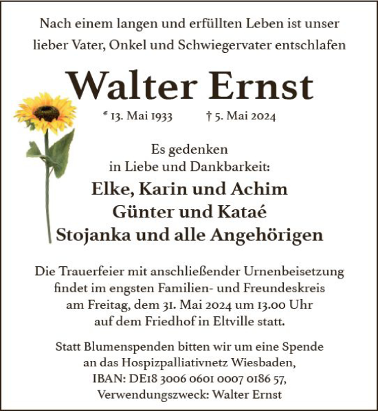 Traueranzeige von Walter Ernst von Wiesbadener Kurier