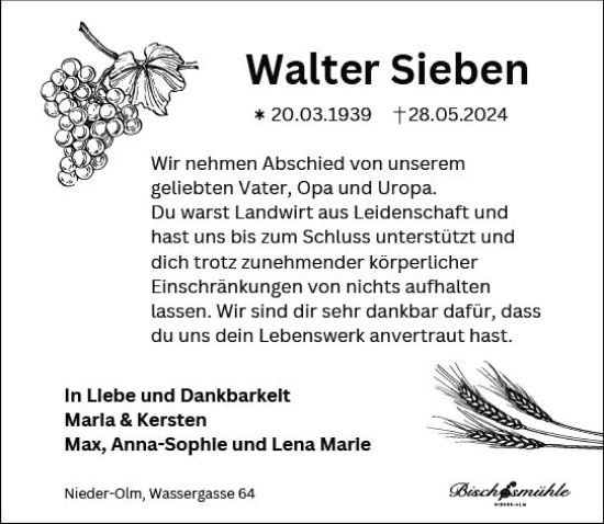 Traueranzeige von Walter Sieben von Allgemeine Zeitung Mainz