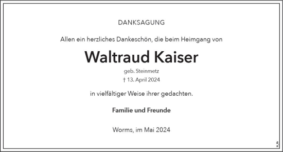 Traueranzeige von Waltraud Kaiser von Wormser Zeitung