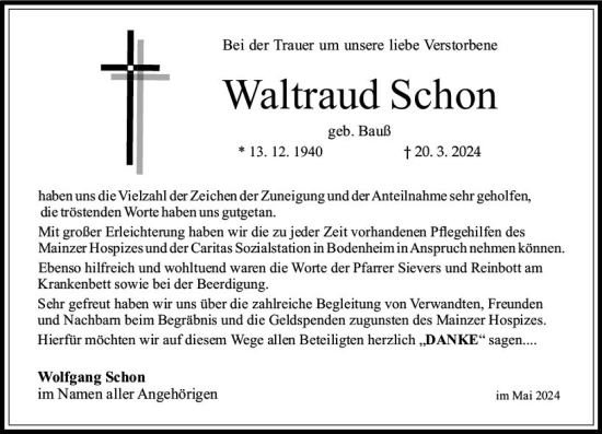 Traueranzeige von Waltraud Schon von Allgemeine Zeitung Mainz