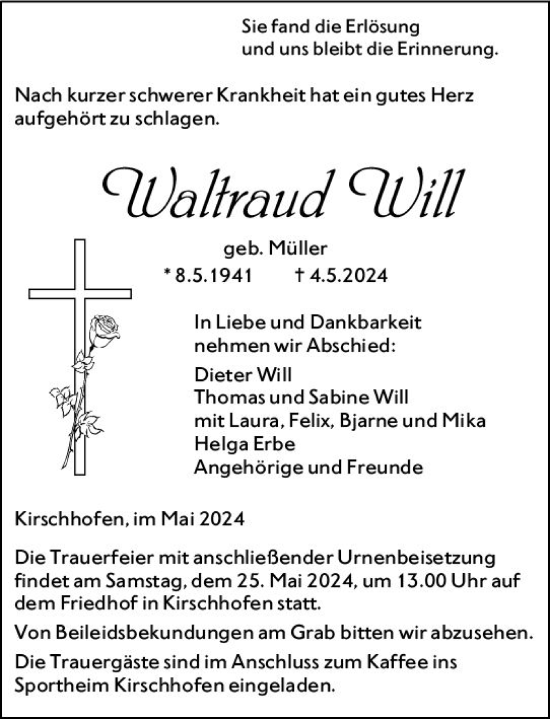 Traueranzeige von Waltraud Will von Weilburger Tageblatt