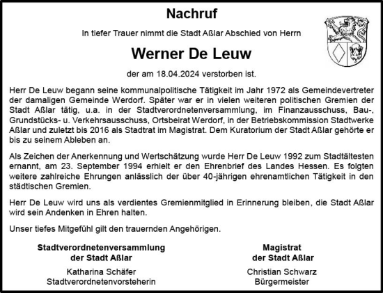 Traueranzeige von Werner De Leuw von Wetzlarer Neue Zeitung