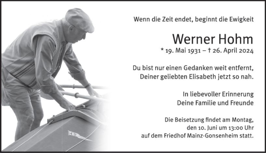 Traueranzeige von Werner Hohm von Allgemeine Zeitung Mainz