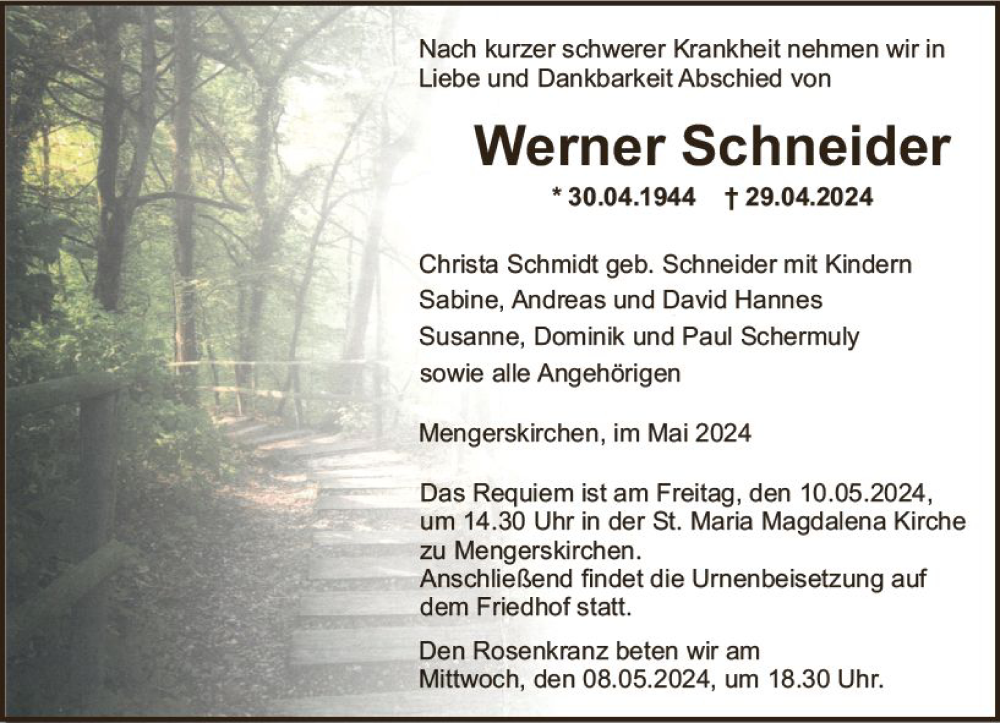  Traueranzeige für Werner Schneider vom 04.05.2024 aus Weilburger Tageblatt
