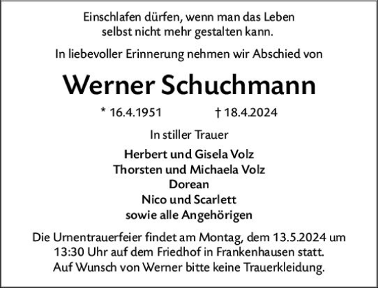 Traueranzeige von Werner Schuchmann von Darmstädter Echo